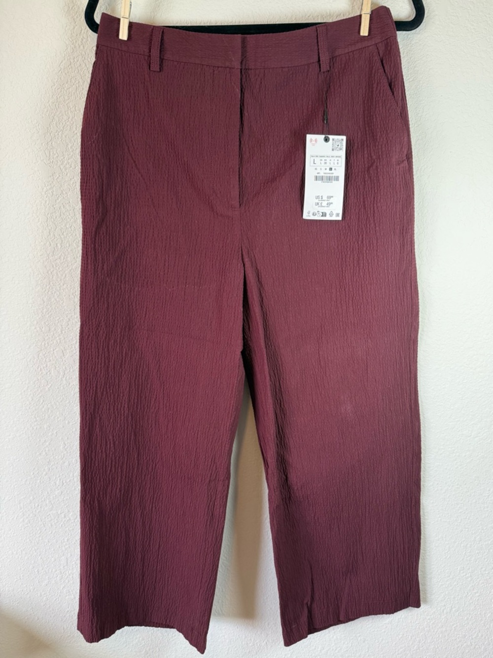 Zara Textured Crop Pants NWT Burgundy Wide Leg Trouser Size L